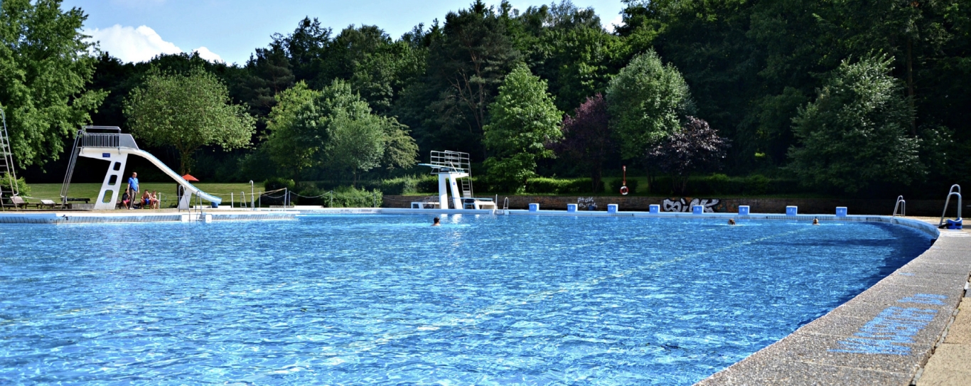 Freibadbecken mit Sprungturm in wäldlicher Umgebung.