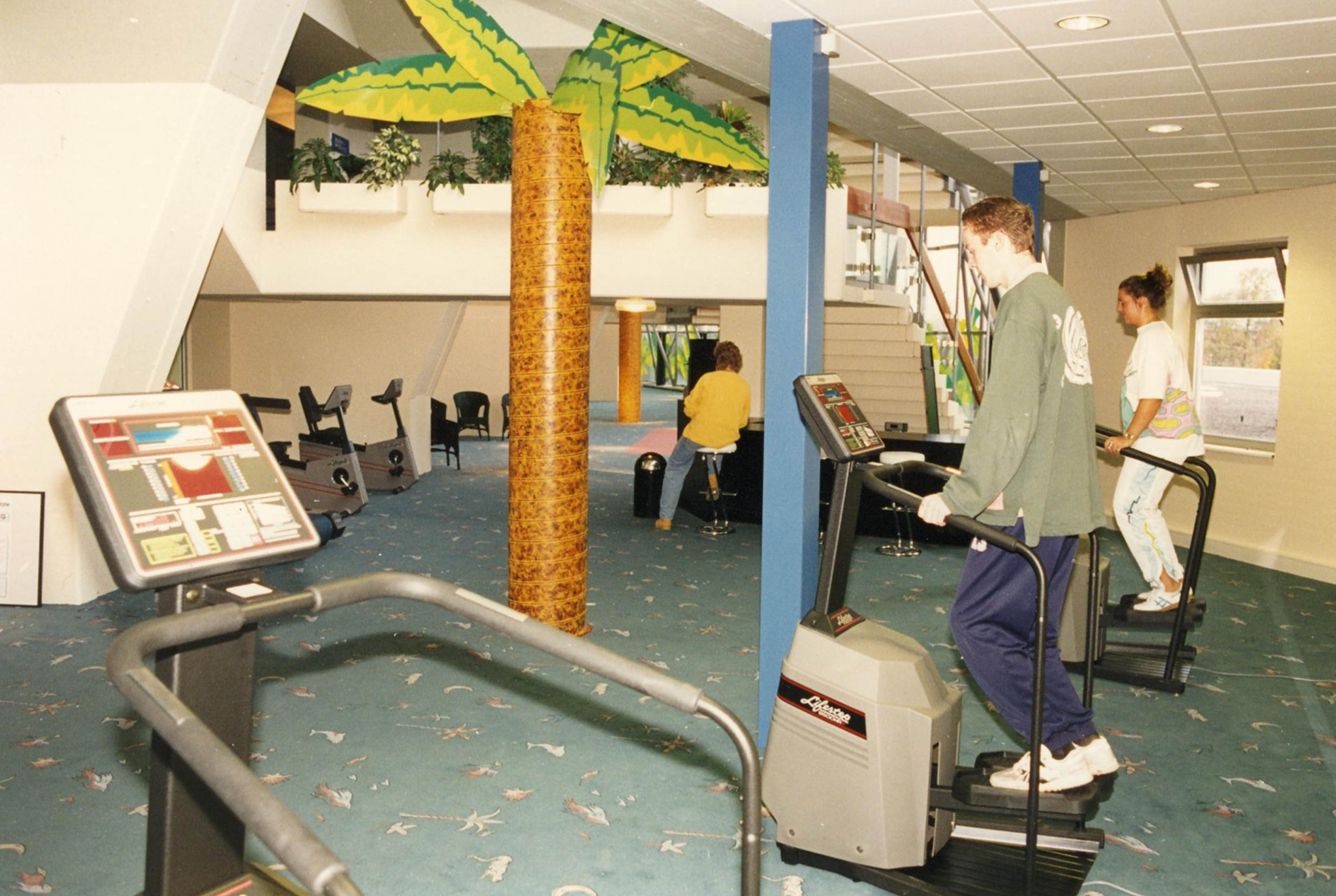 Blick auf zwei Personen die auf einem Stepper Sport treiben. Im Raum steht eine Säule als Palme dekoriert