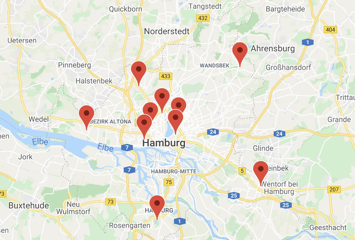 Hamburgkarte mit markierten Standorten