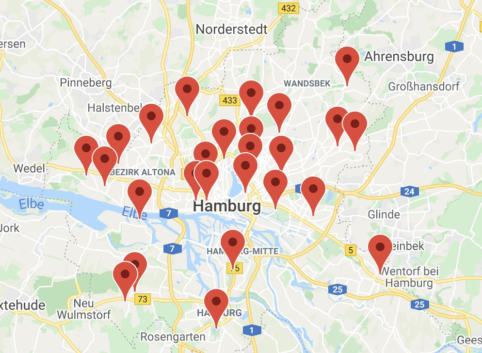 Hamburgkarte mit markierten Standorten