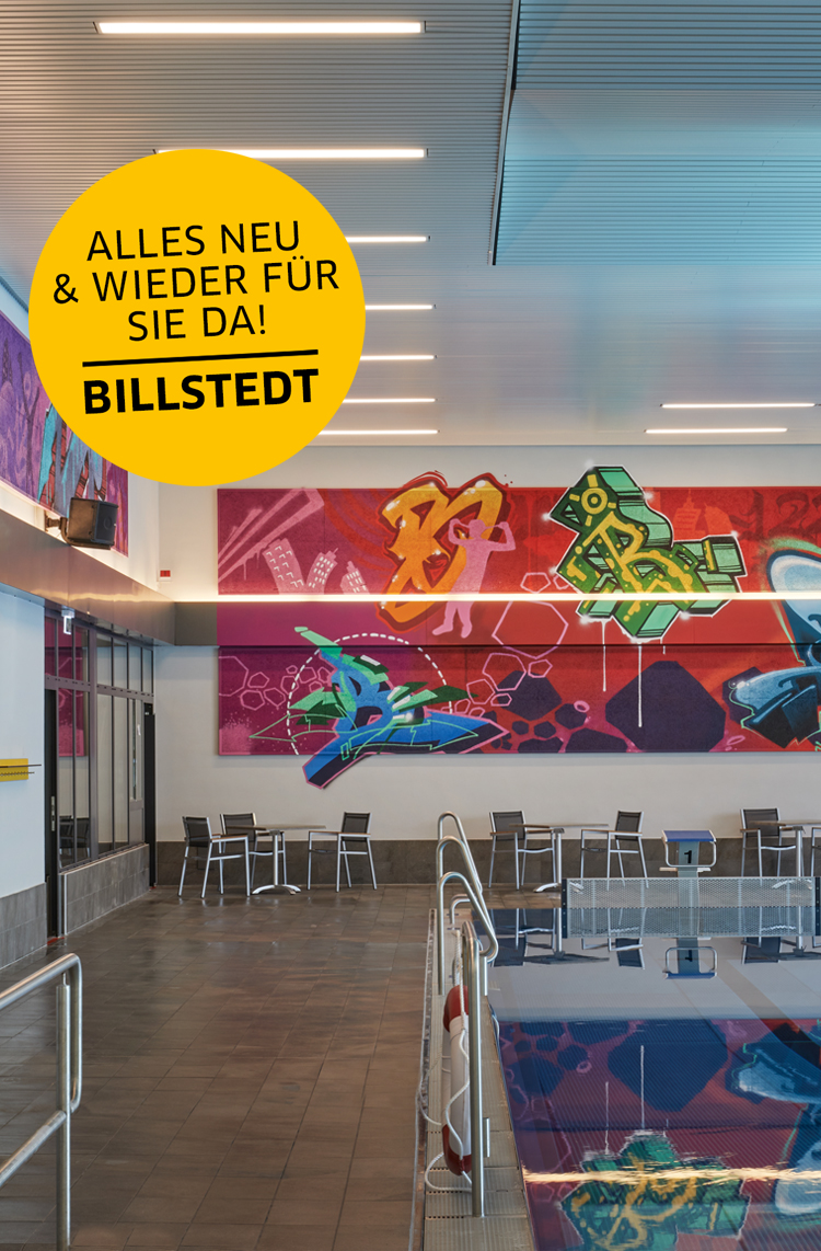 Becken mit Graffiti an den Wänden uns Störer auf dem Bild. Sitzmöglichkeiten am Beckenrand