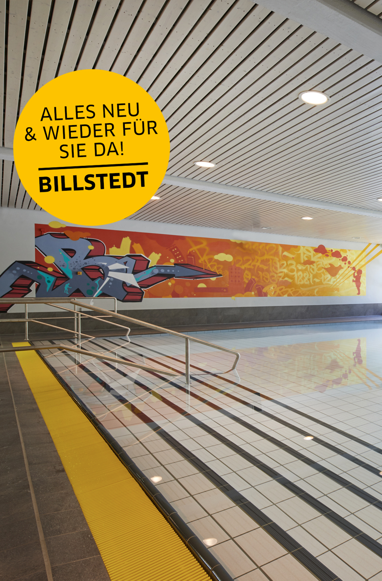 Becken mit Aussicht auf eine Graffitiwand und nach Draußen