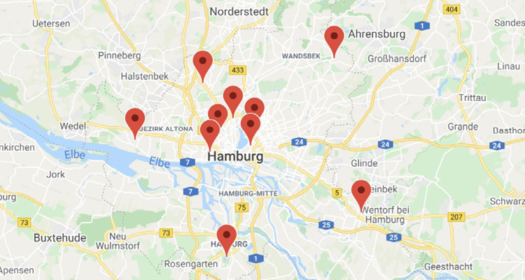 Hamburgkarte mit markierten Standorten