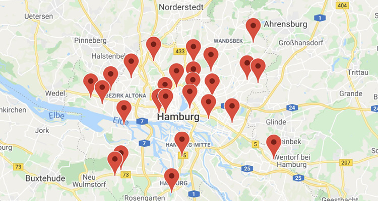 Hamburgkarte mit markierten Standorten