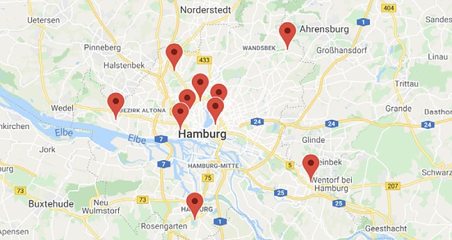 Hamburgkarte mit markierten Standorten