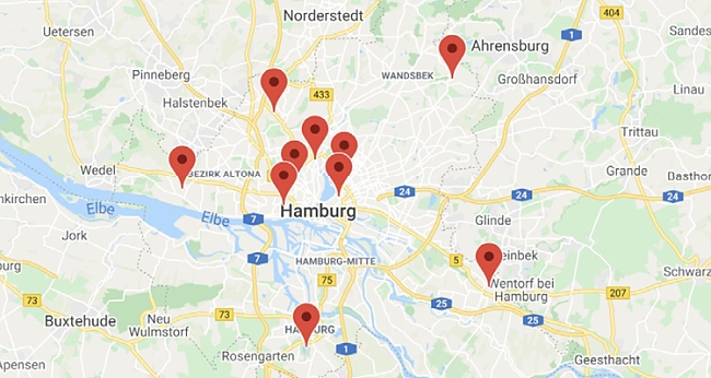 Hamburgkarte mit markierten Standorten