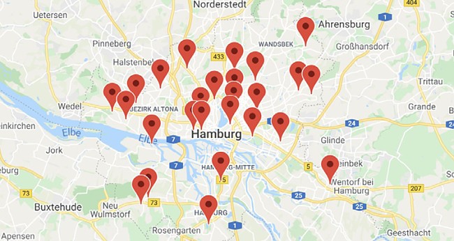 Hamburgkarte mit markierten Bäderstandorten