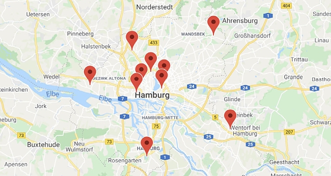 Hamburgkarte mit markierten Standorten