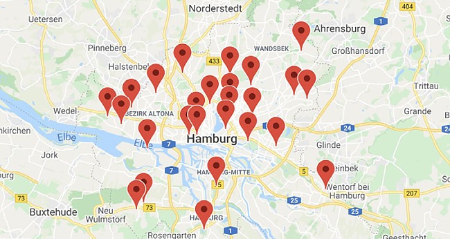 Hamburgkarte mit markierten Standorten